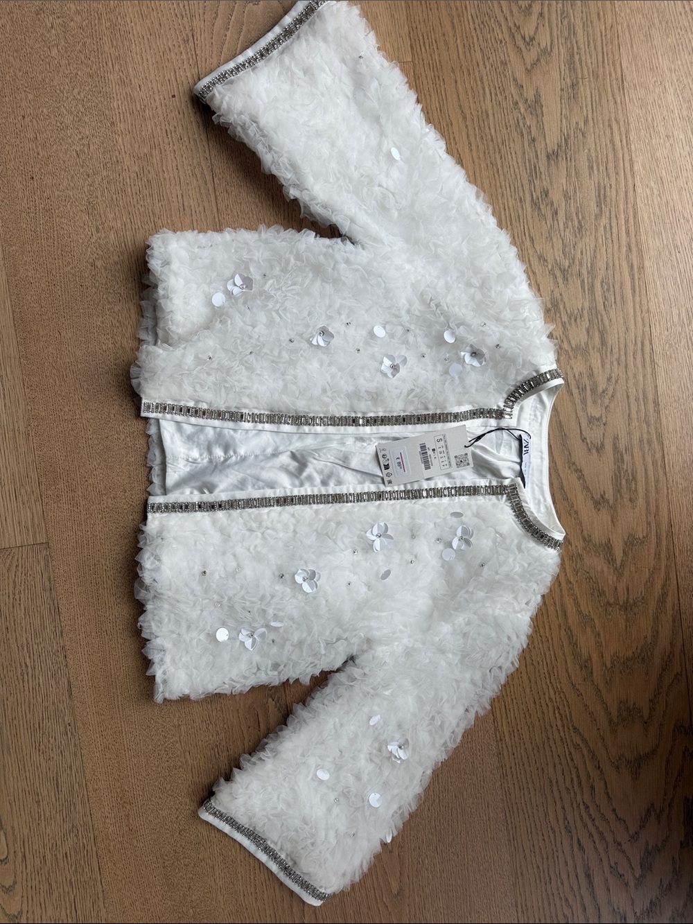 Zara White Sequin Faux-Fur Girls Jacket